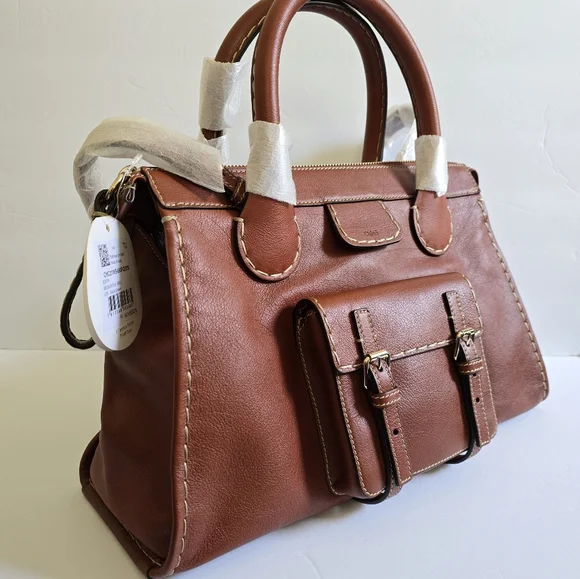 Chloé Medium Edith Leather Double Top Handle Shoulder Bag Sepia Brown - Picture 1 of 11